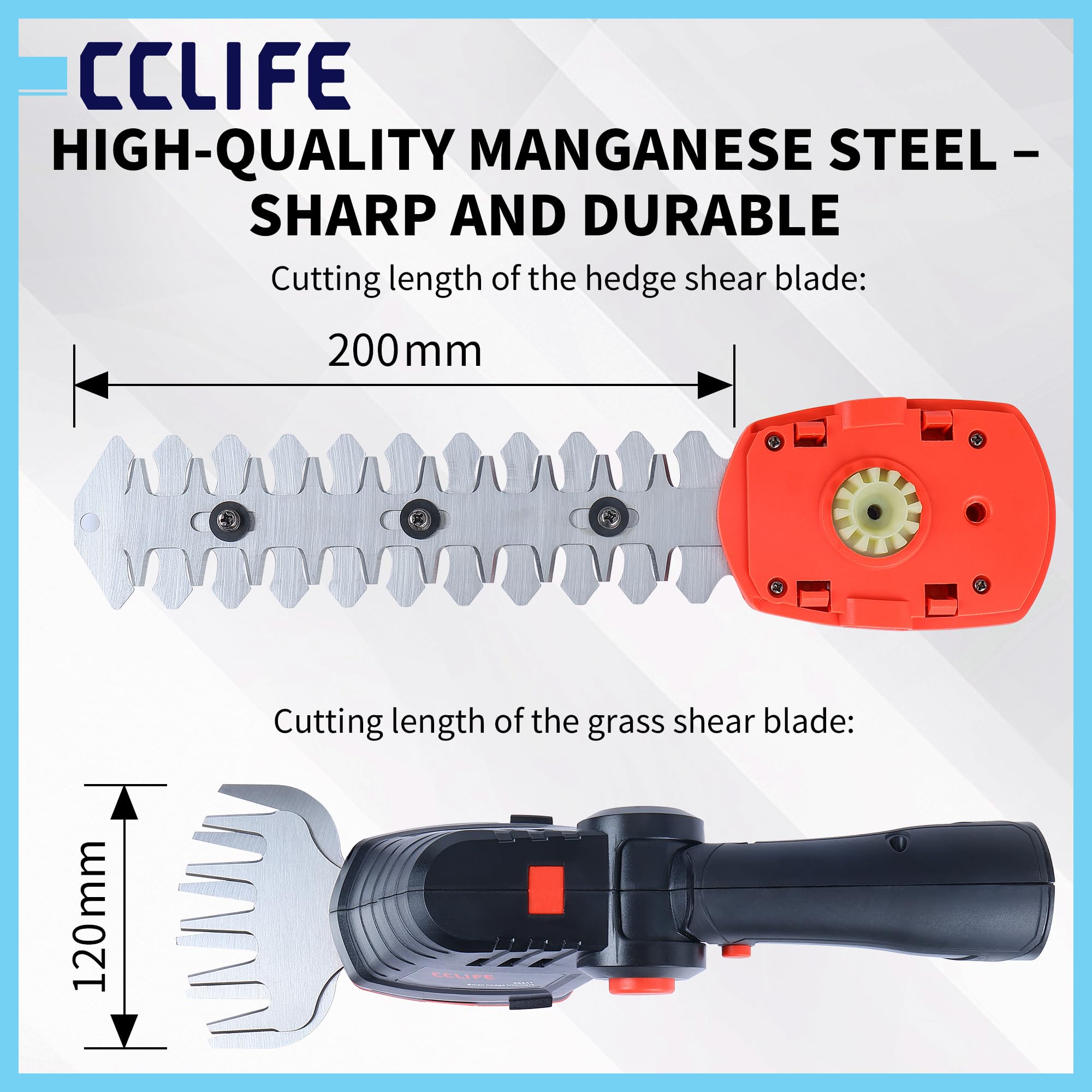 CCLIFE Tagliasiepi 2 in 1, batteria 10,8 V, 120/200 mm, giardino | Cesoie da potatura senza fili con 2 lame per erba e siepi, compatte, precise e ideali per piccoli giardini.
