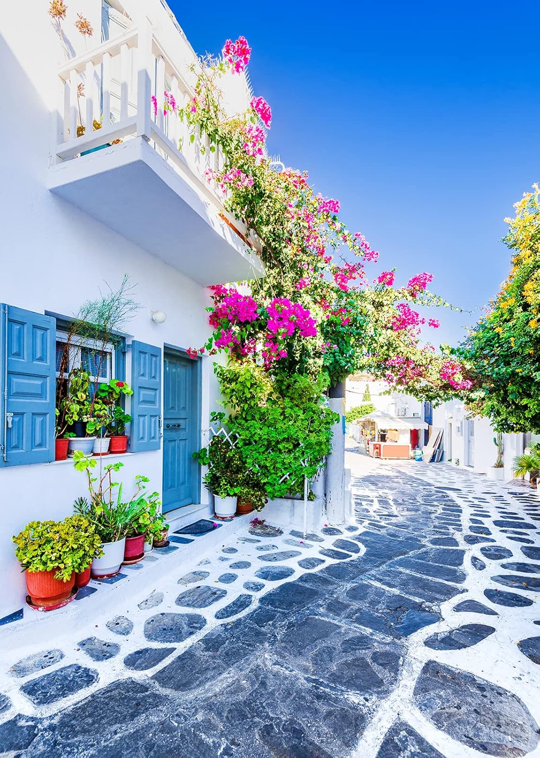 CORFOTO 8x10ft Greece Street Backdrop White and Blue Greek Architecture Background Aegean Sea Mia Birthday Party Decorations Mia Themed Backdrop Greek Party Supplies Stone Path Wedding Banner Decor
