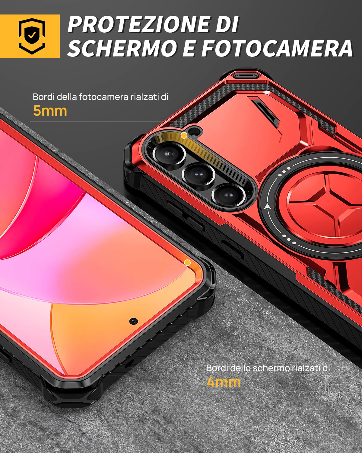 Lanhiem Cover per Samsung S24 5G, Magnetica con Anello, 14FT Antiurto Militare Indistruttibile, Protezione Completa del Corpo a 360°con 2 Vetro Temperato, Custodia per Samsung Galaxy S24, Rosso