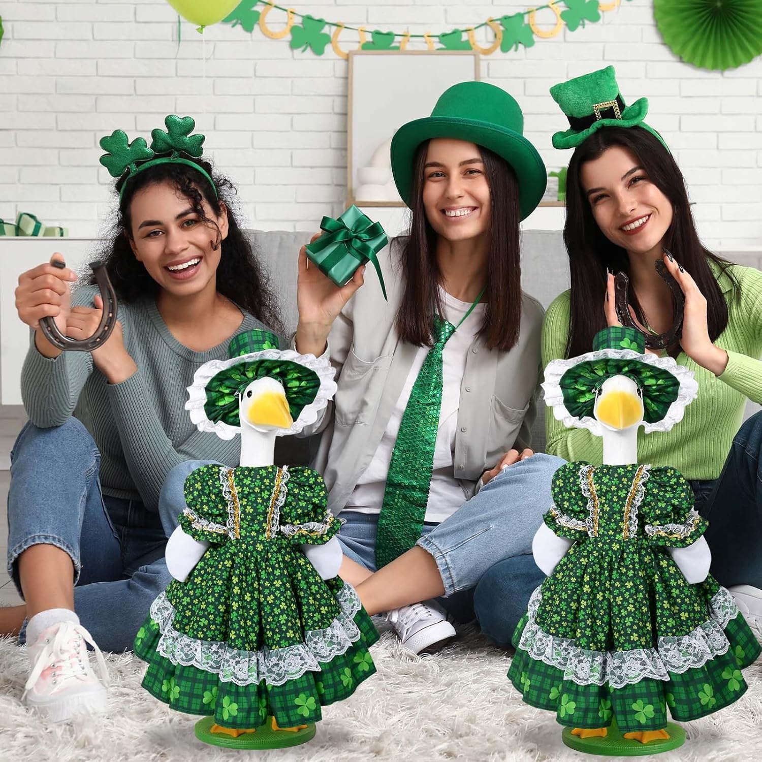 JcHrmers St. Patrick's Day Porch Goose Outfits Irish Clover Goose Outfit Lolita Lawn Porch Goose Clothes Fits 23" Cement Plastic Goose Statue for St. Patrick's Day Outdoor Garden Yard Patio Art Decor