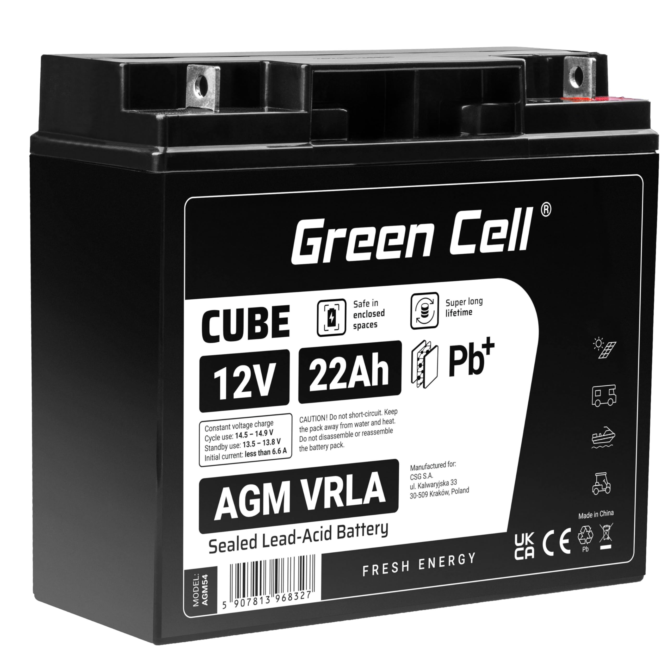 Green Cell® AGM 12 V 22 Ah akumulator z włókniny VRLA akumulator ołowiowy, akumulator ołowiowy, akumulator zastępczy, akumulator zasilający, odporny na cykle, bezobsługowy UPS | wózek golfowy |