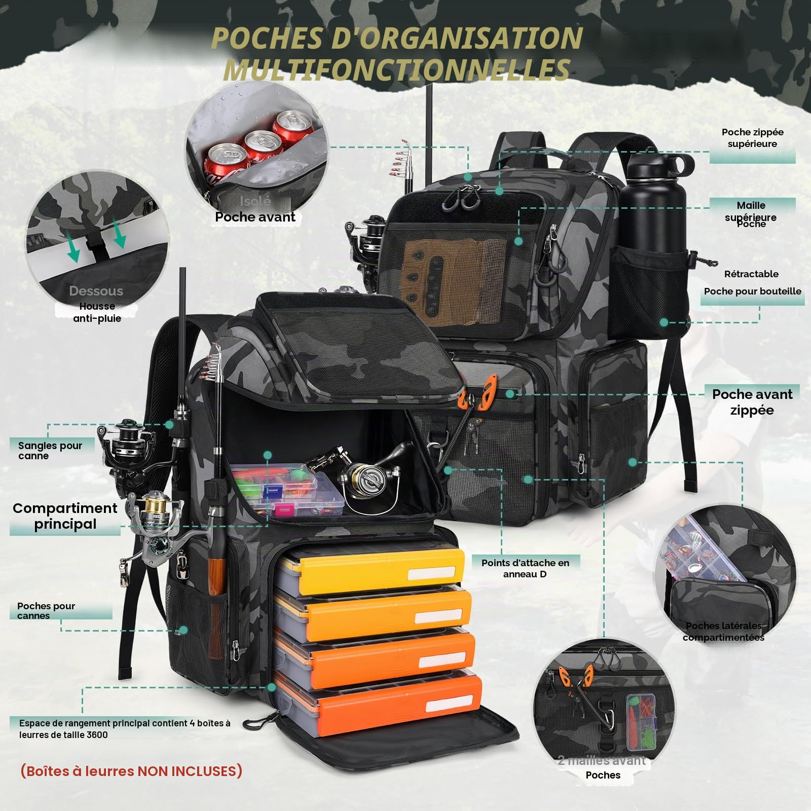 RAINSMORE Sac à Dos de Pêche 45L Imperméable avec Porte-Canne et Housse de Pluie, Grand Sac de Rangement pour Matériel de Pêche, Cadeaux de Pêche pour Hommes, Camouflage