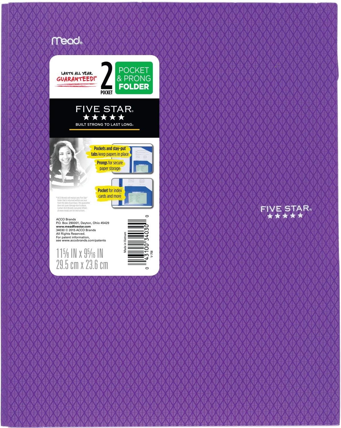 Five Star 2-Pocket Folder with Prong Fasteners, Stay-Put Folder, Folders with Pockets, Purple (38750)