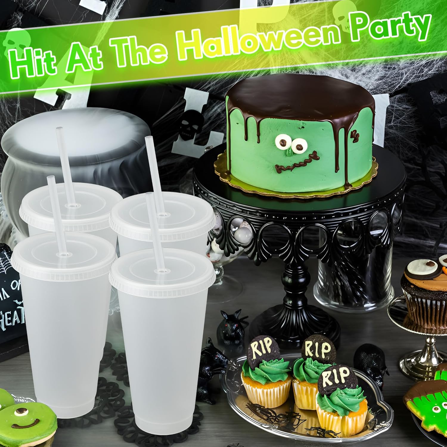 Honeydak 60 Pack 24 oz Glow in The Dark Cups Gift Bulk Light up Neon Plastic Tumbler with Straw and Lid Glow in The Dark Party Supplies Water Bottle Iced Coffee Mug Reusable(Fluorescent Green) - Image 3