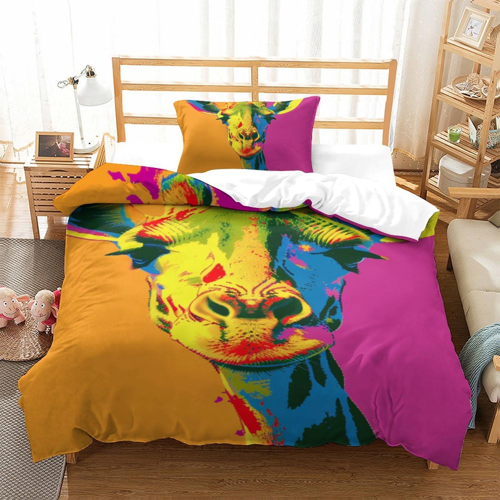 Parure de lit girafe 3D en microfibre avec housse de couette 135x200 et taie d'oreiller single
