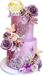 Flower Cake Topper Purple Cake Decorations with Artificial Flowers Butterfly Balls for Wedding Baby Shower Birthday Party Supplies