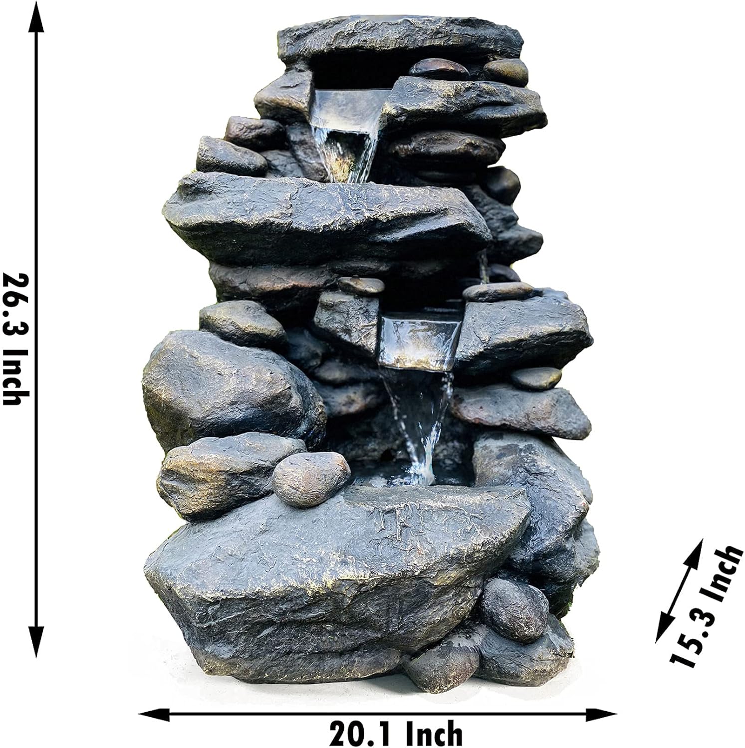 Oritty 3-Tier Outdoor Rock Water Fountain with LED Lights, 26” Floor Standing Waterfall Soothing Sound Nature Decor for Garden, Patio, Deck, Porch, Lawn : Everything Else