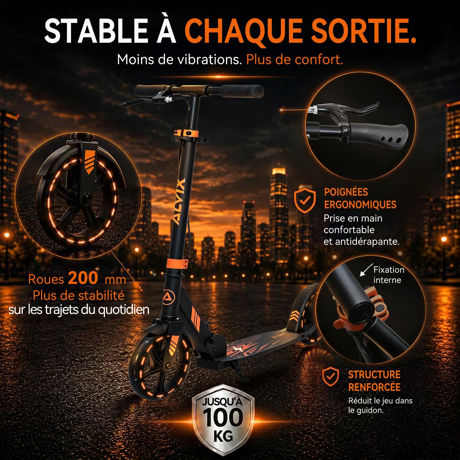 ALVIX Trottinette pour enfant avec frein à main et roues lumineuses LED, hauteur réglable à partir de 6 ans, roues de 200 mm, trottinette pliable avec sangle de transport, large plateau, jusqu'à 100