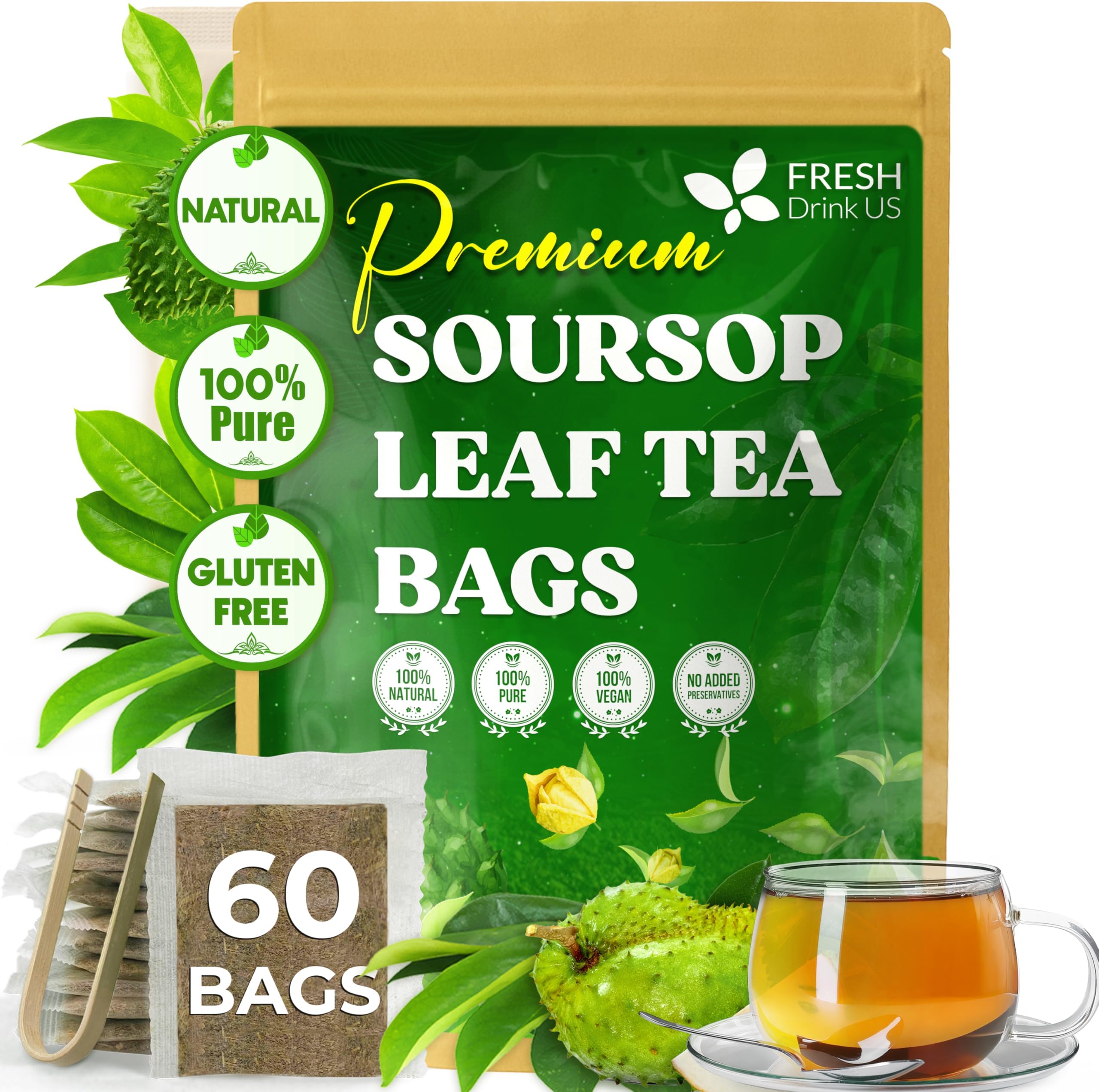 FreshDrinkUS, 60 Premium - The Top Soursop Graviola Leaf Tea Bags, 100% Pure & Natural from Soursop Leaves, Handmade, Made With Natural Materials-Corn Fiber Tea Bag, Sugar/Caffeine/Gluten Free, Hoja Guanabana Tea