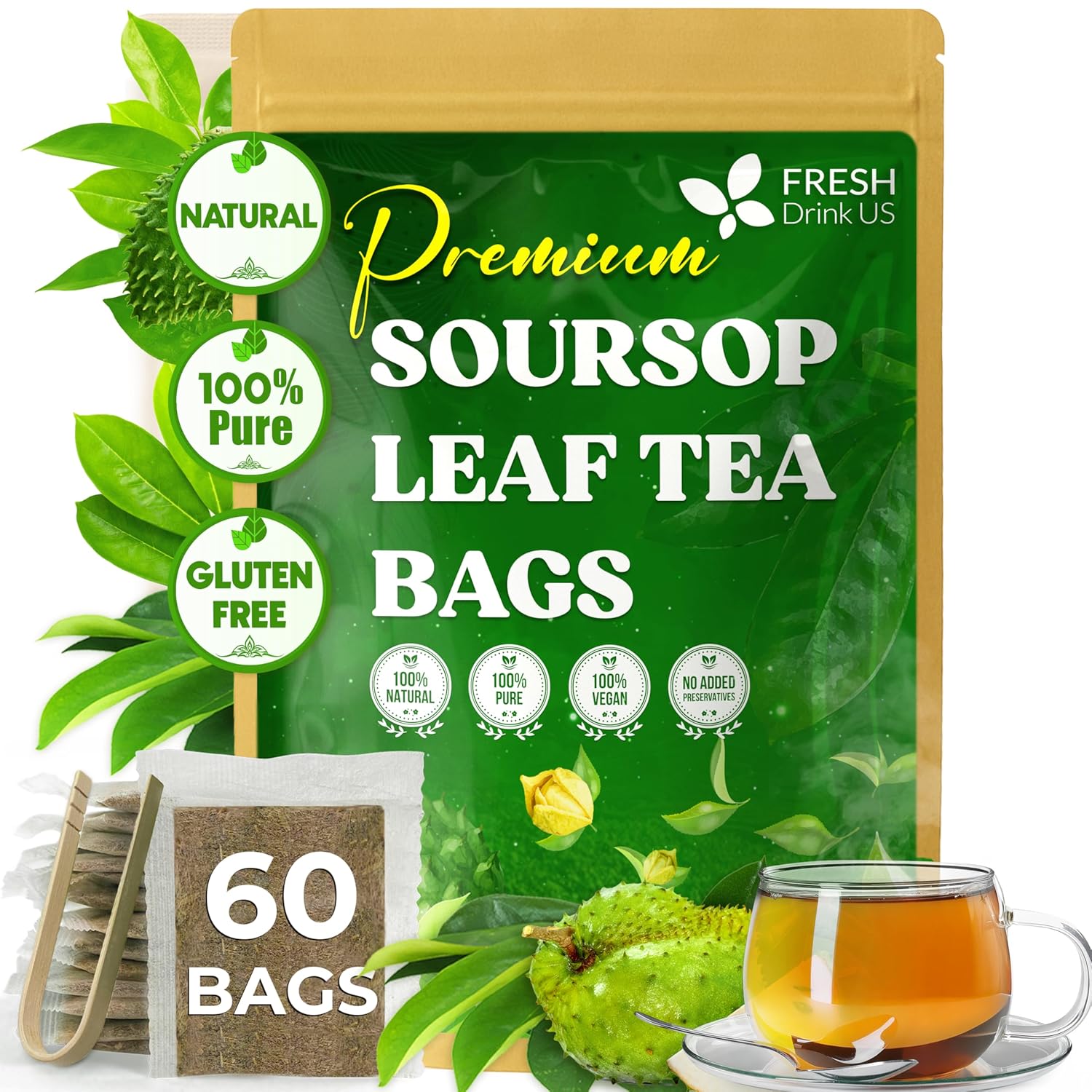 FreshDrinkUS, 60 Premium - The Top Soursop Graviola Leaf Tea Bags, 100% Pure & Natural from Soursop Leaves, Handmade, Made With Natural Materials-Corn Fiber Tea Bag, Sugar/Caffeine/Gluten Free, Hoja Guanabana Tea