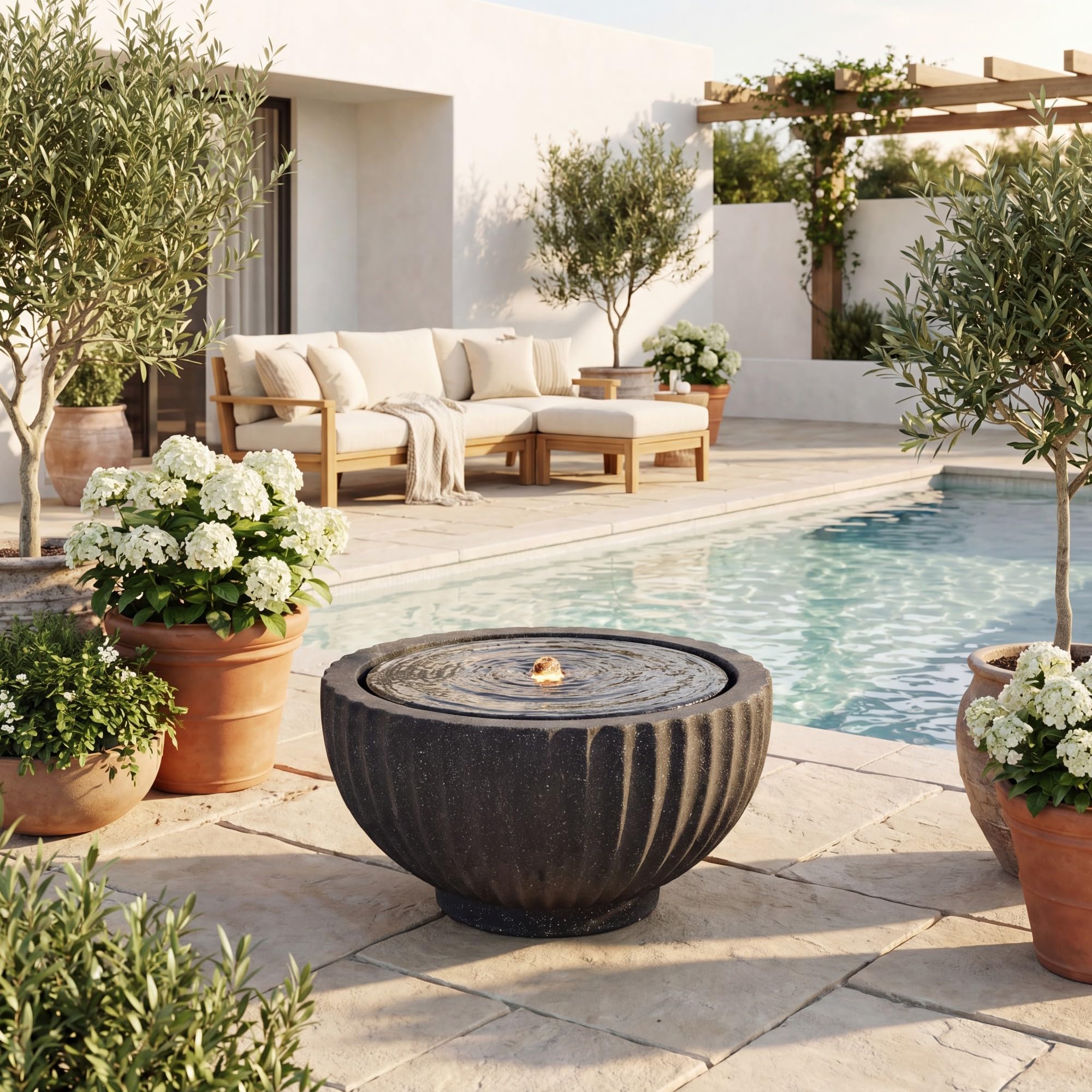 GYMAX Fuente de Jardín Redonda,Fuente Decorativa | Fuente de Agua con Iluminación LED, Bomba Ajustable y Resina Resistente para Salón, Patio y Terraza, 45 x 23,5 cm