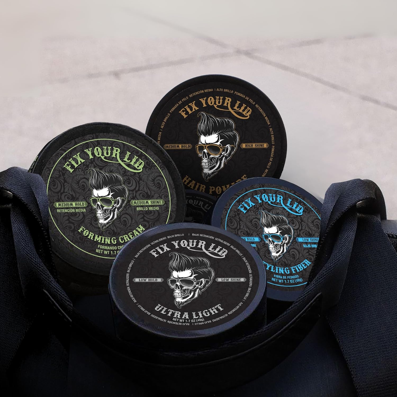 Fix Your Lid Travel Variety Pack | 4pk 1.7oz - Ultra Light Pomade Low Hold - Forming Cream Medium Hold - Styling Fiber High Hold - Hair Pomade Medium Hold High Shine - Mens Hair Styling Set