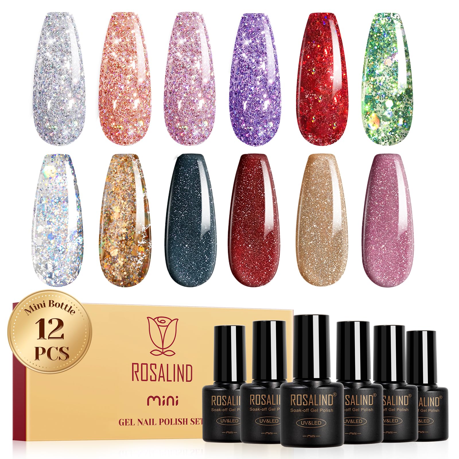 ROSALIND UV Nagellack Glitzer,12 Farben Glitzer Silber Rosa Violett Grün Schwarz Rot Farbgel Gel Nagellackt Set, Soak-Off Mini UV Farbgel Gelnägel für Nagel Design Gel Nail Polish Maniküre Geschenk