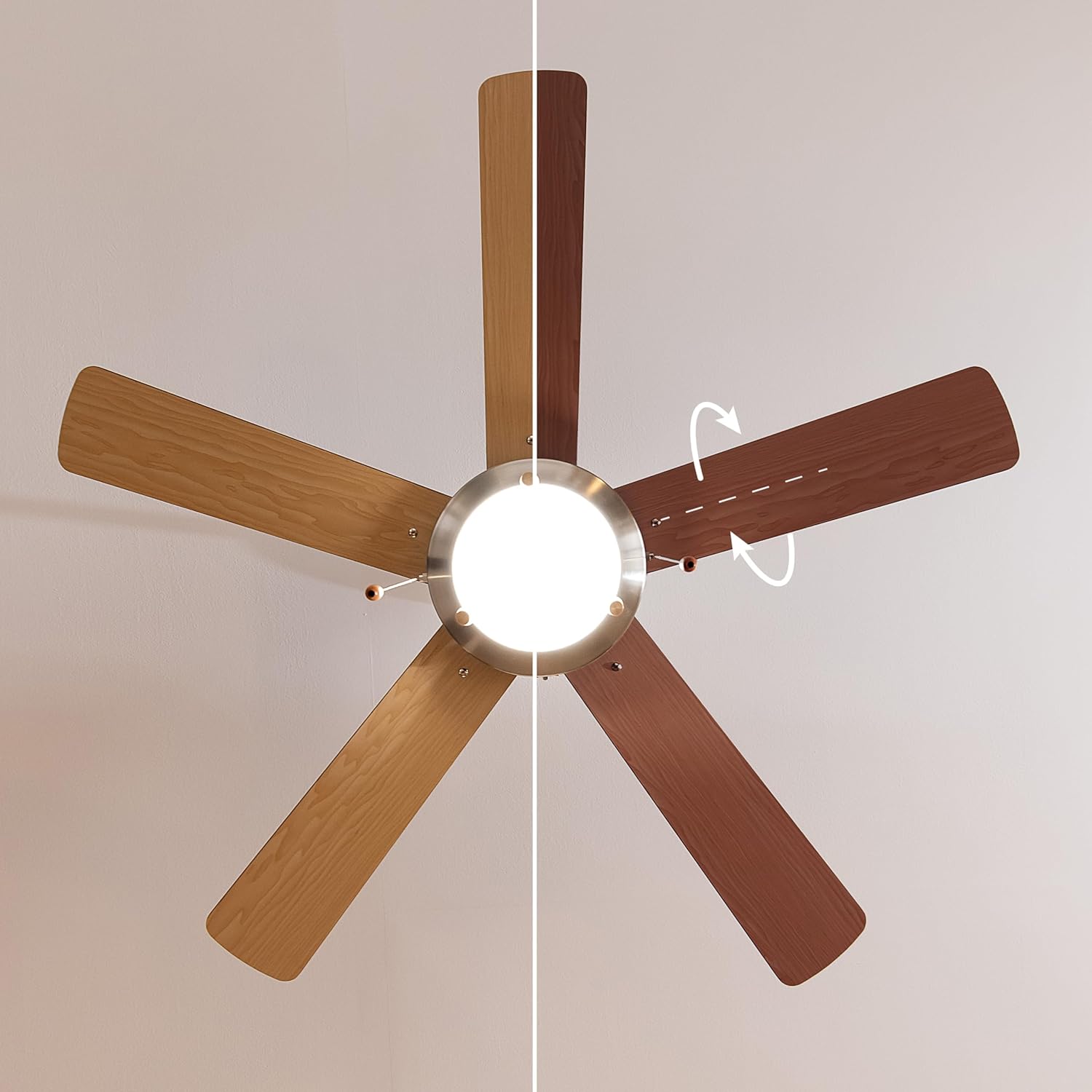 Diagram showing reversible fan blades with light and dark wood finishes