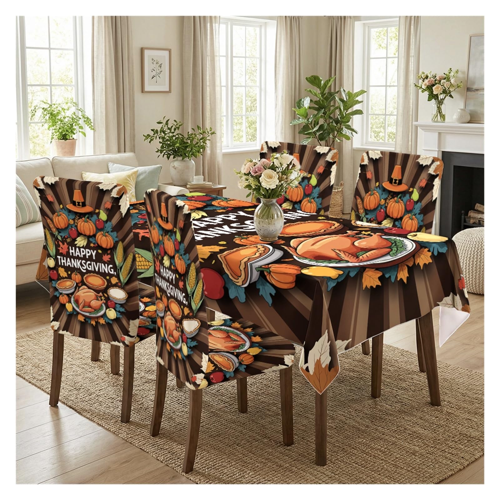KXUAUV Happy Thanksgiving Print Stretch Dining Chair Covers & Tablecloth Set, 5/7 Pack Party Decor(5pcs Set: Tablecloth+Chair Covers)