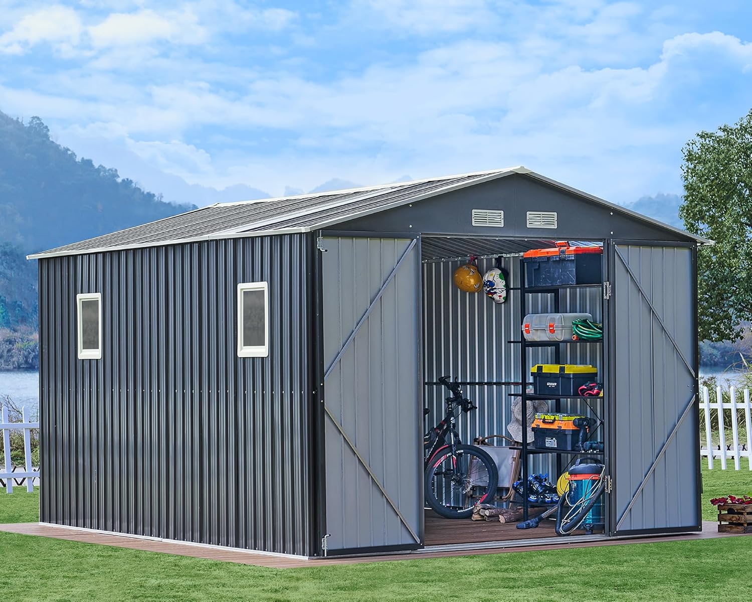 VanAcc 10x12x7.5 FT Outdoor Storage Shed with 2 Clear Panels Hinged Double Doors 4 Vents, Backyard Metal Shed for Garden, Patio, Dark Grey/White VanAcc 10x12x7.5 FT Outdoor Storage Shed with 2 Clear Panels Hinged Double Doors 4 Vents, Backyard Metal Shed for Garden, Patio, Dark Grey/White