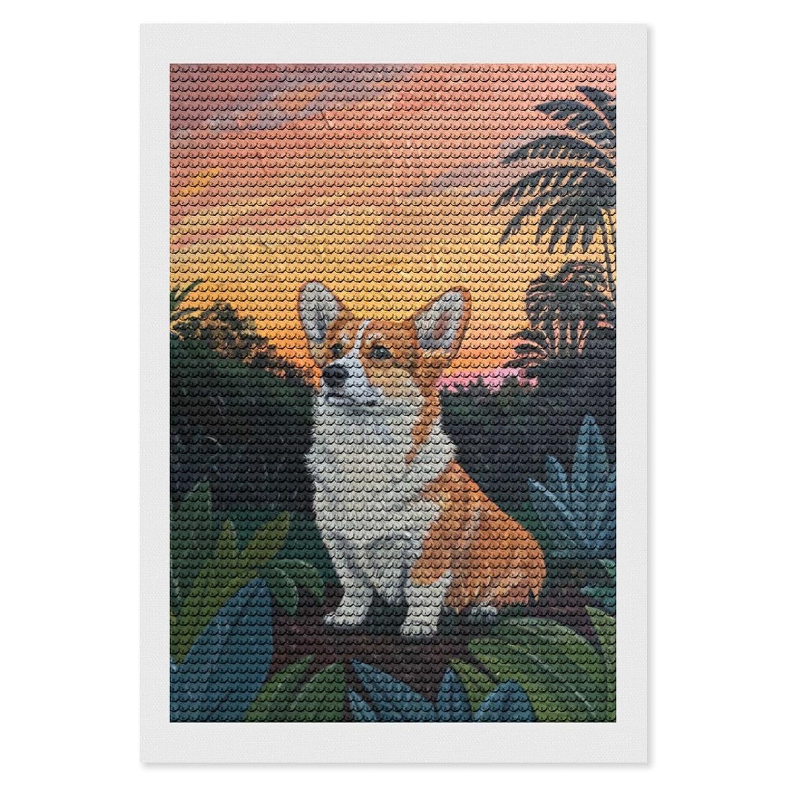 Junmoney Corgi in A Tropical Sunset Diamond Painting Canvas Set 8"x12", Boho Decor, for Craft Lovers, Easy Handmade Project, Holiday Gift Idea