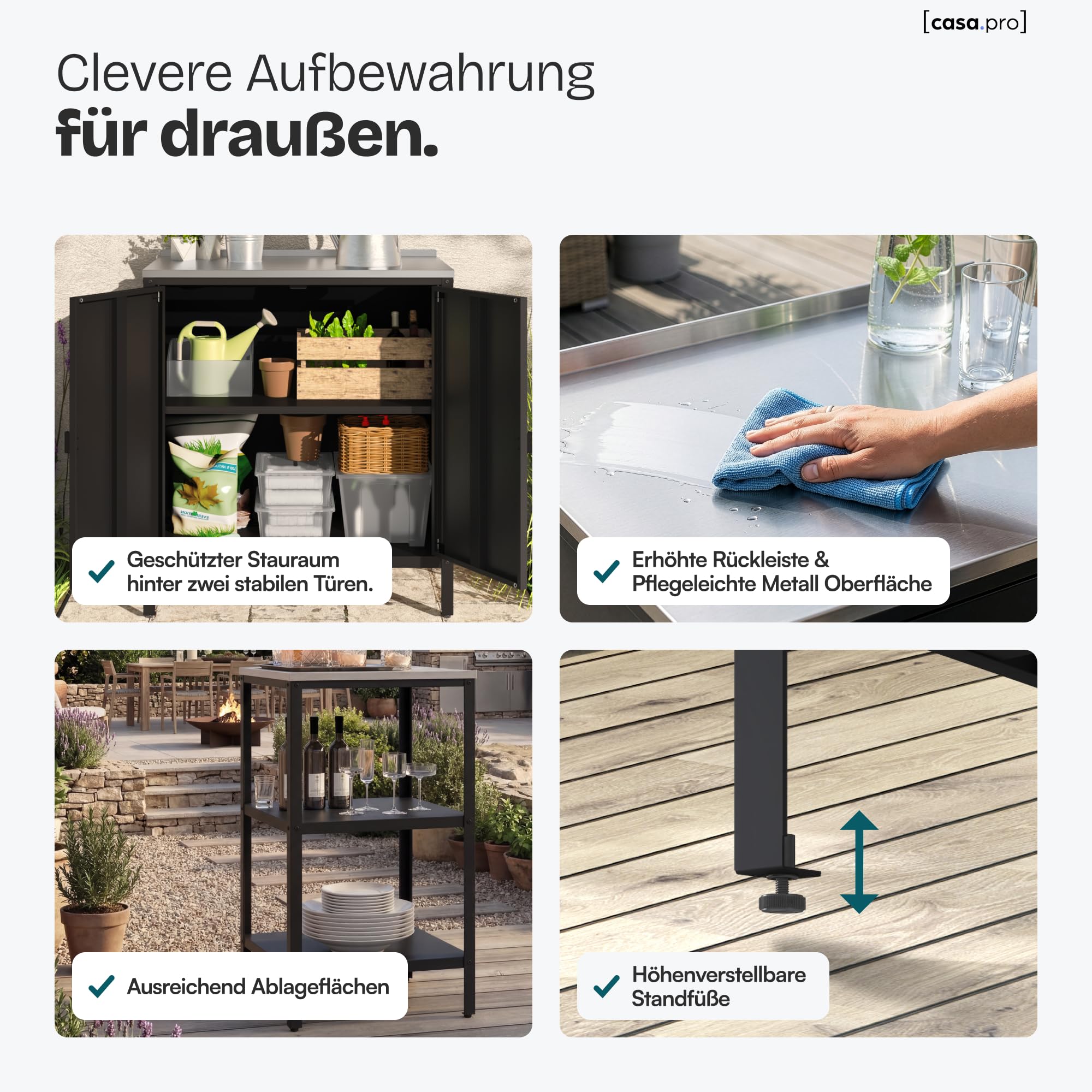 casa.pro Outdoorset Bolognano Gartenmöbelset Outdoor-Standregal und Outdoor-Schrank im Set Gartenschrank Gartenregal für Grill Möbelset für Drinnen und Draußen Schwarz matt