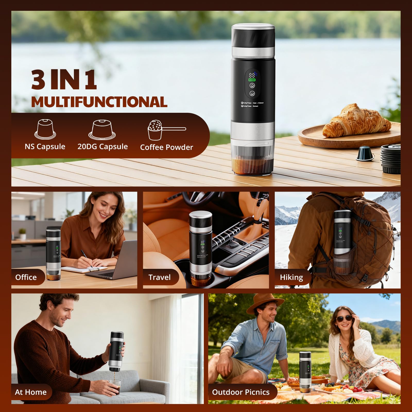 Cafetera portátil 3 en 1, cafetera de cápsulas expreso cafetera recargable con batería de 2 × 7500 mAh,compatible con cápsulas Ness-preso, Dolce-Gusto, para camping, oficina, viaje