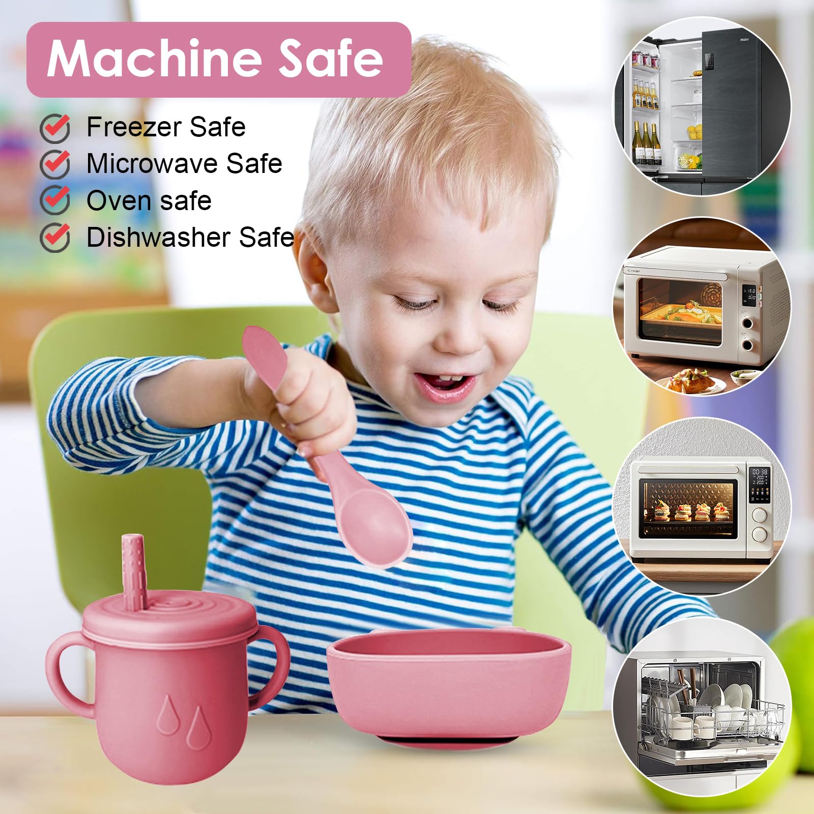Set Pappa per Bambino, 14 Pezzi, Set Pappa Svezzamento per Bambini in Silicone, Senza BPA, Antiscivolo con Ventosa Piatto Cucchiai Ciotola Tazza Bavaglino (Rosa scuro)