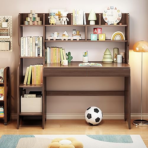 Escritorio para niños, mesa para niños con cajones y estantería, escritorio de madera para niños, estación de trabajo de computadora de aprendizaje