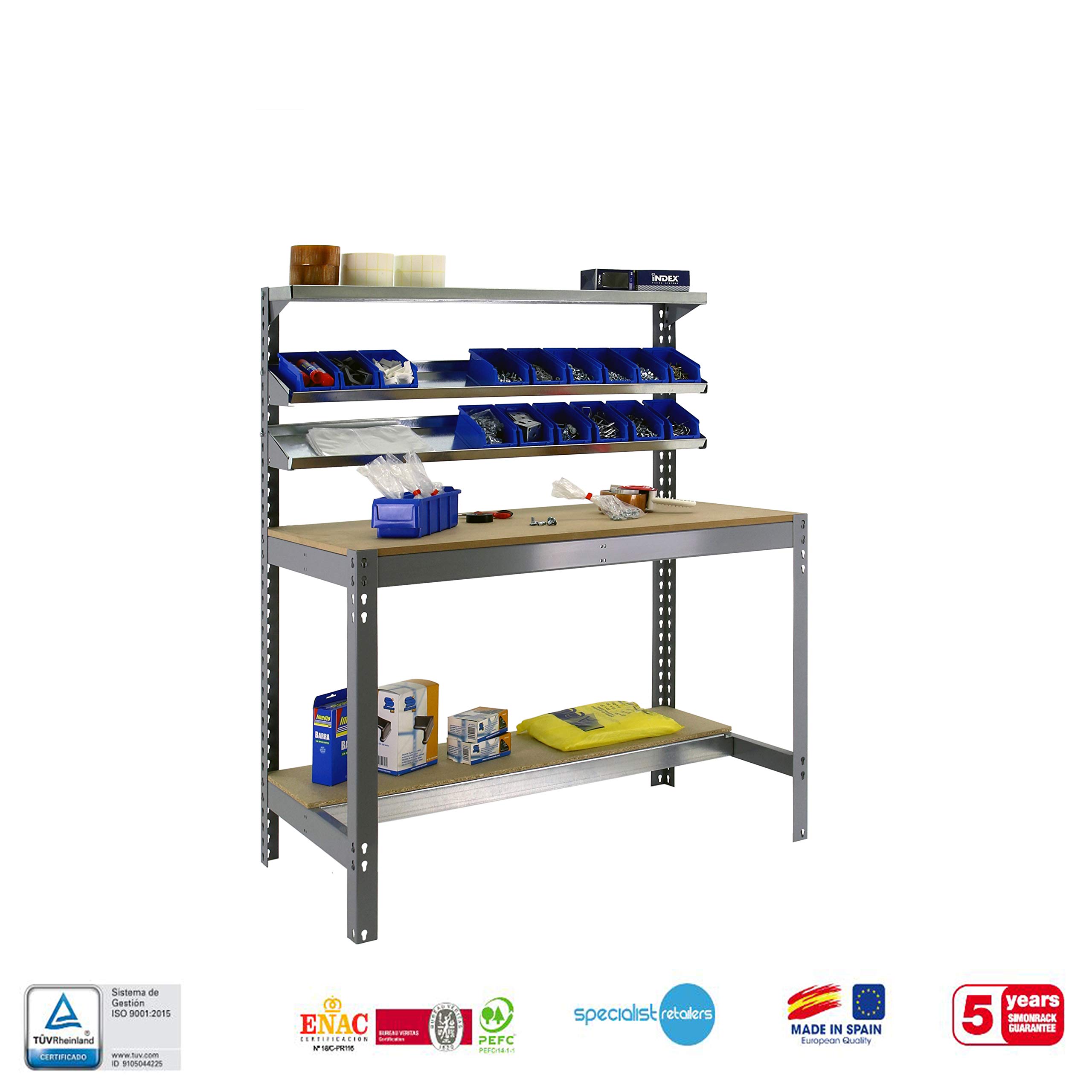 Simon Rack Banco de Trabajo con 3 repisas 1210x610 mm - BT1 | Capacidad Carga 600 kg, Pintura anticorrosión, Gris , Montaje sistema clic