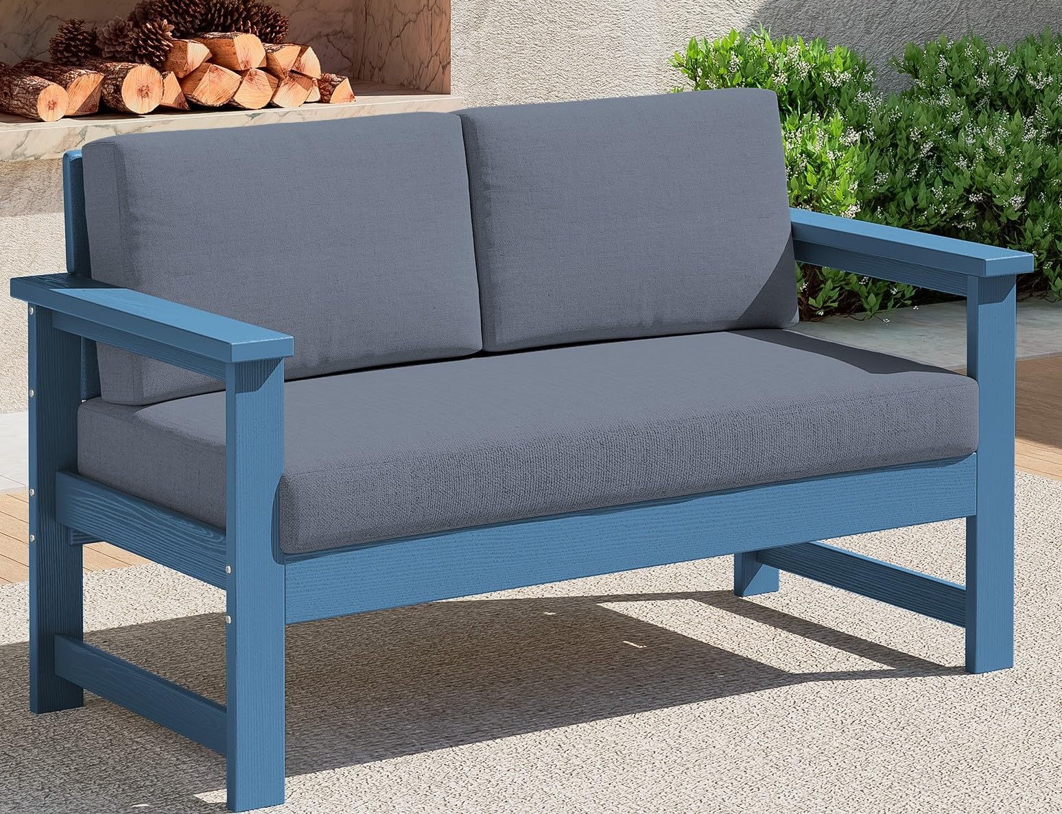 SERWALL Blue HDPE Outdoor Loveseat with Grey Cushions