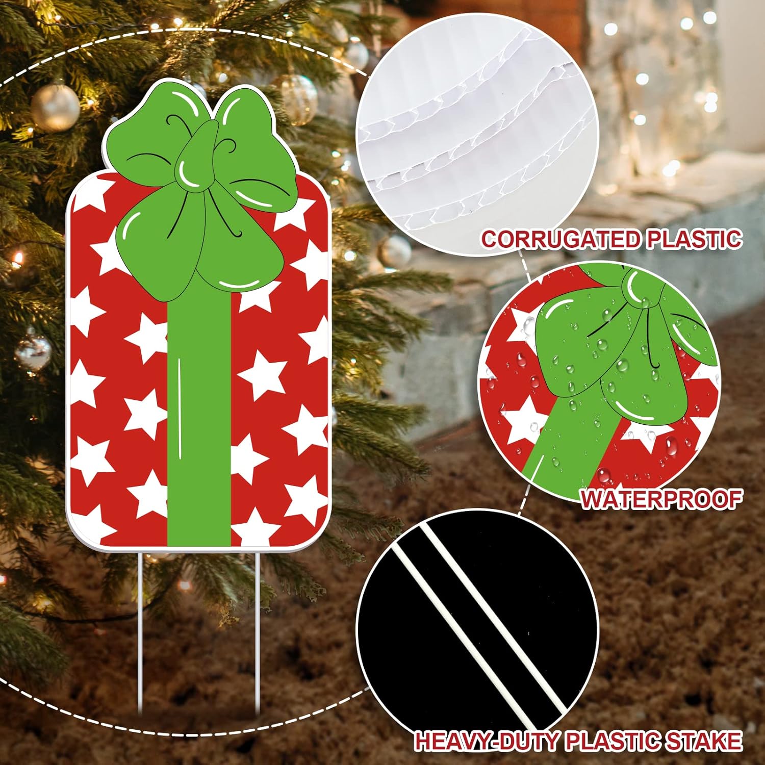 Whaline 10Pcs Christmas Yard Sign with 20Pcs Stakes Gift Box Lawn Signs Waterproof Colorful Present Outdoor Sign for Home Xmas Pathway Walkway Lawn Patio Yard Garden Holiday Party Decoration