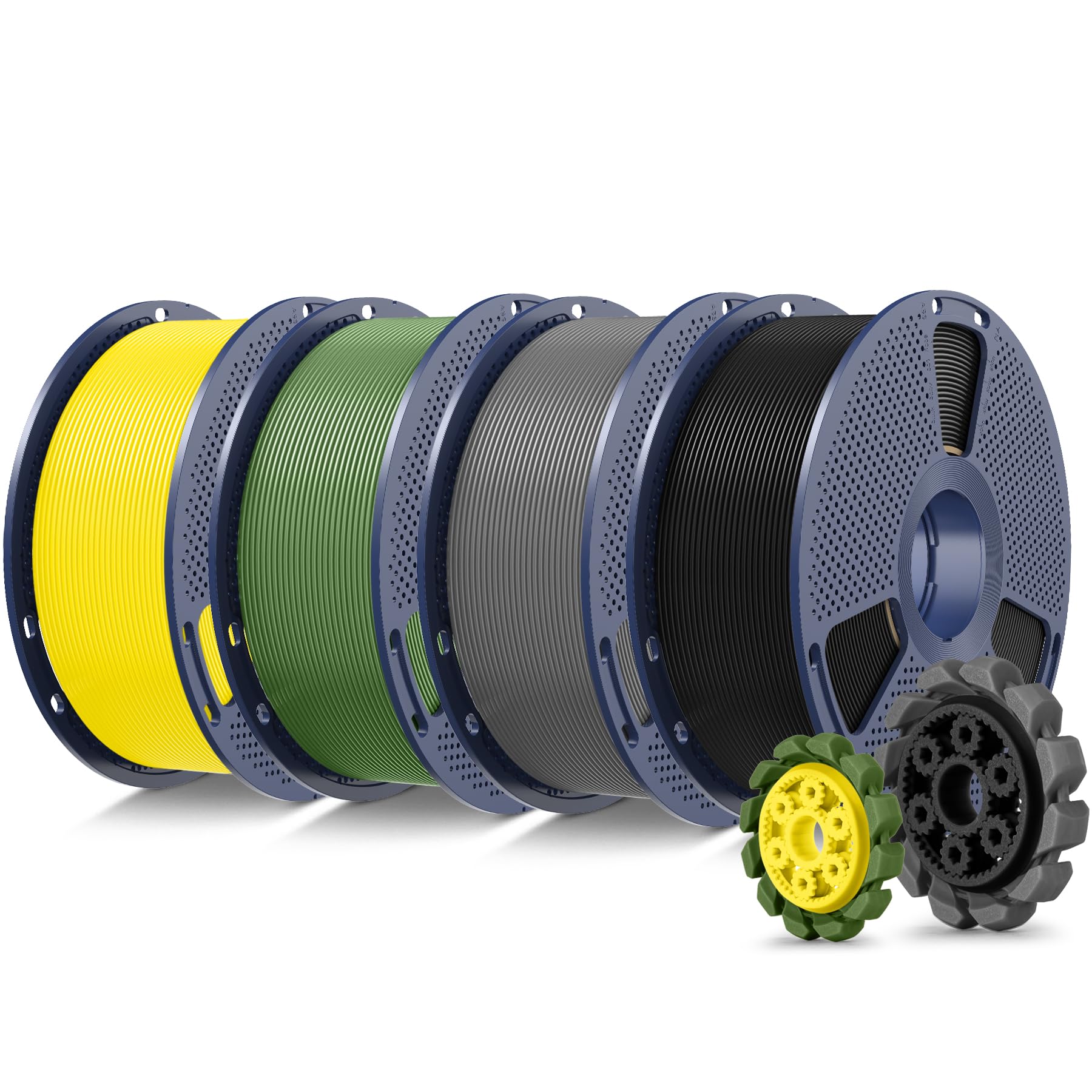 SUNLU 4KG PLA+2.0 Filament 1.75mm, Ulepszony filament PLA Plus do drukarek 3D, 1KG na Szpulę, łącznie 4 KG, Czarny+Szary+Oliwkowy+Żółty