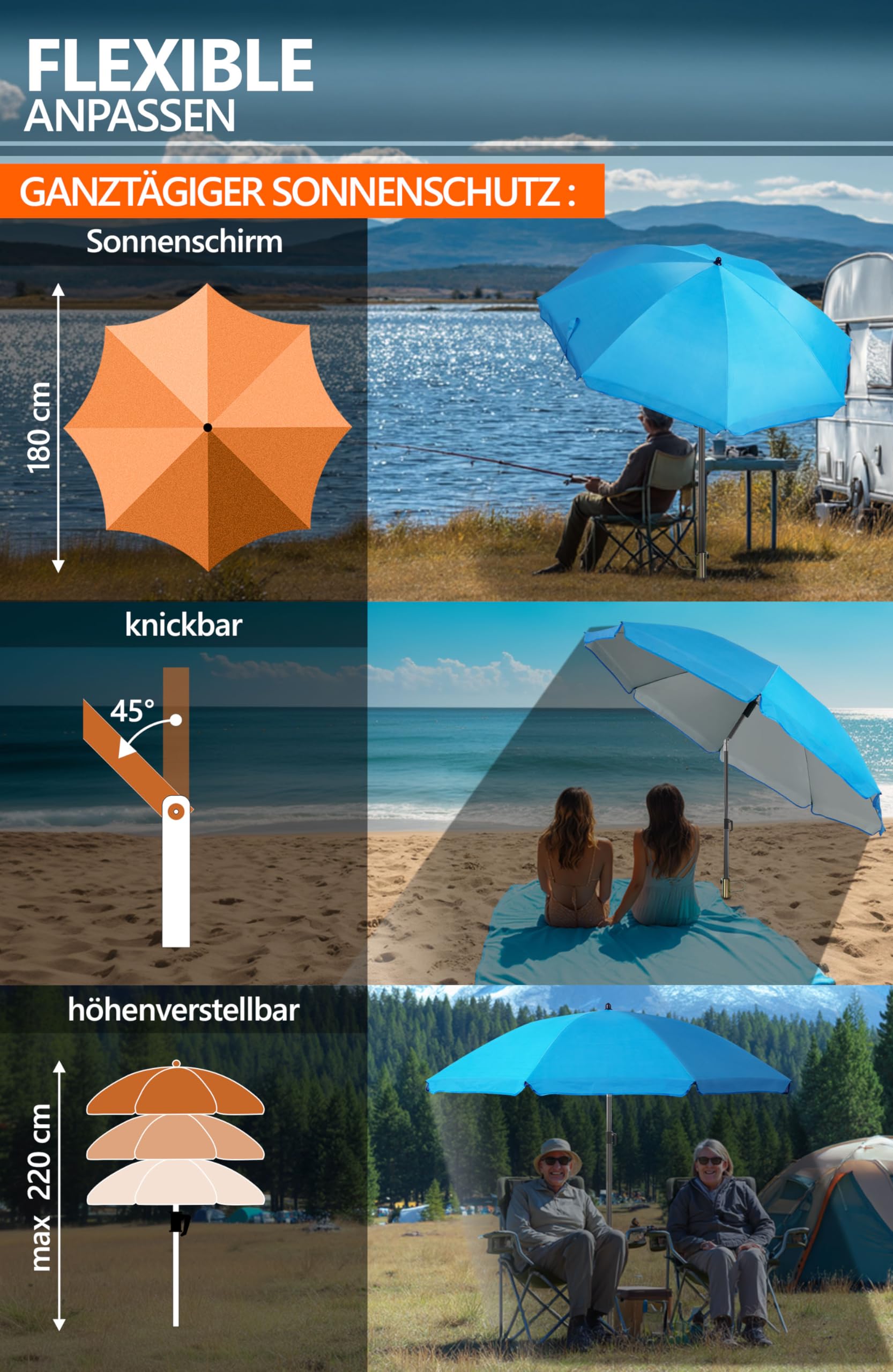 4smile Sonnenschirm Strand Ø 180 cm, 3er Set – Strandschirm windfest stabil + Schirmhülle + Rasendorn Sonnenschirmhalter, UPF 50+ Sonnenschirm mit Rasendorn für Garten, Schirmspieß, Fb. Blau