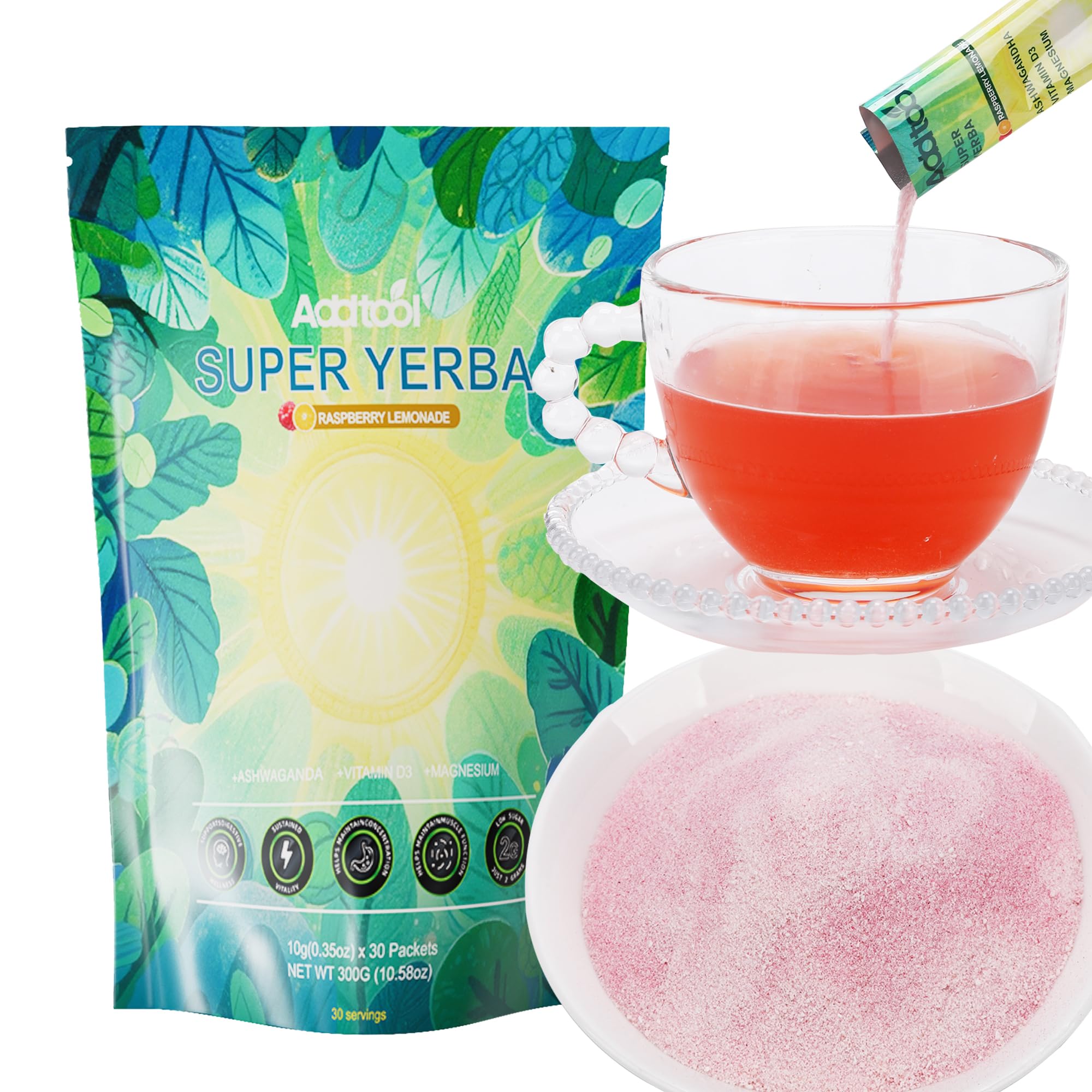 AddTool-super yerba packets - Instant Tea Powder, Yerba Raspberry Lemonade Vitality Tea,decaffeinated ，Natural Energy & Focus Boost- Clean Energy,
