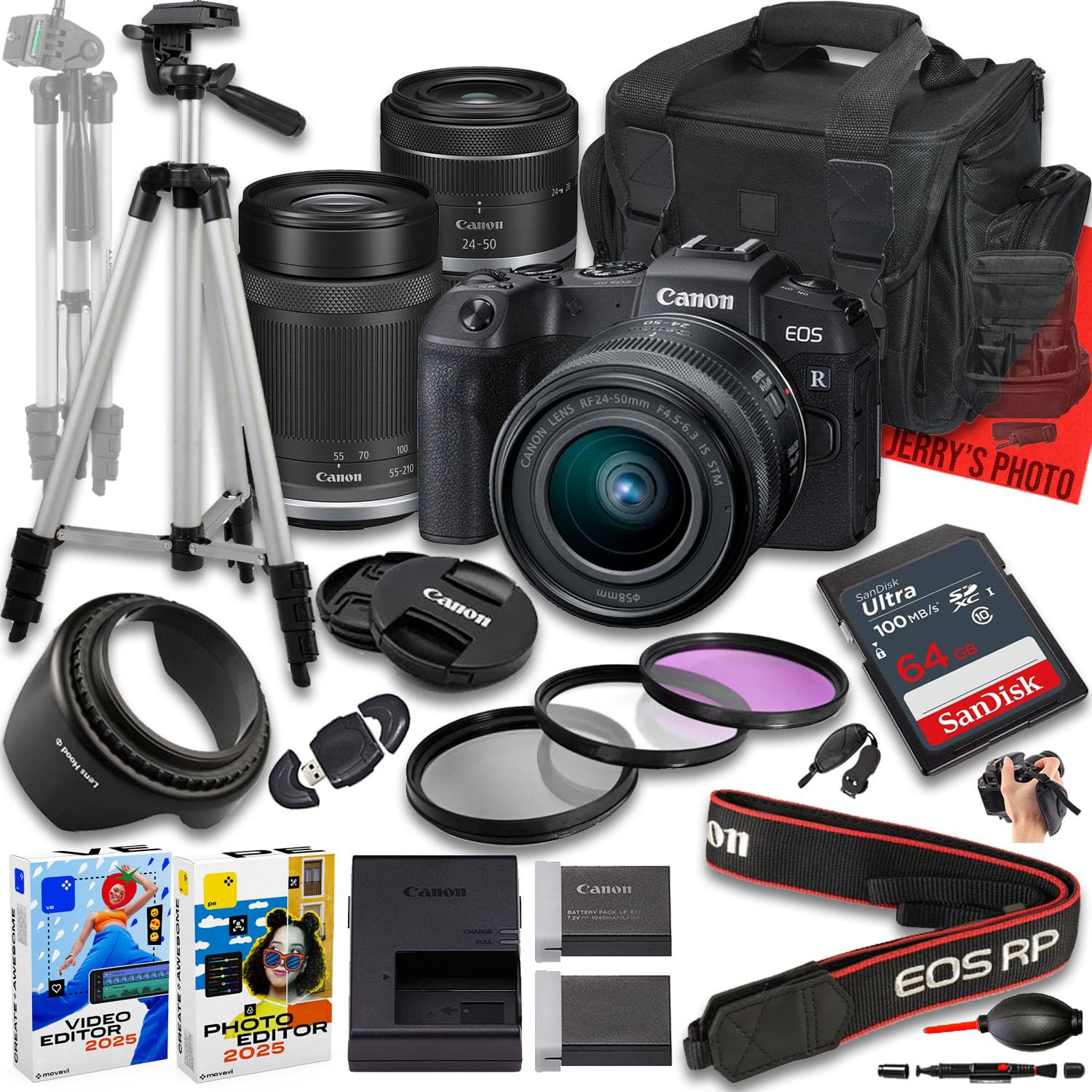 Canon EOS RP Mirrorless Camera with RF 24-50mm f/4.5-6.3 is STM and 55-210mm f/5-7.1 is STM Lens + 128 GB Memory + Extra Battery + Camera Case + Tripod + More (22pc Bundle) (Renewed)