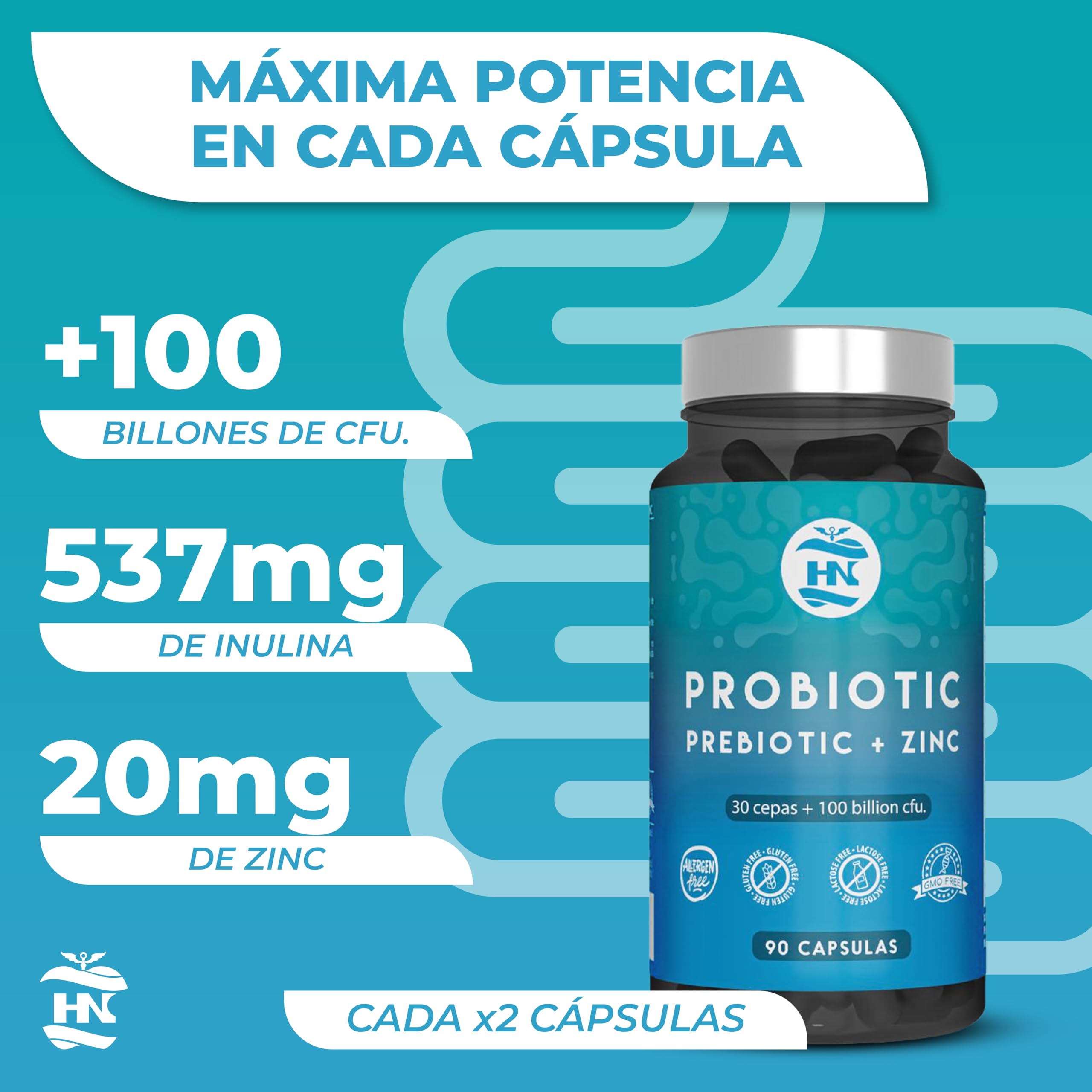 Probioticos y Prebioticos Intestinales 100 mil millones de UFC-30 Cepas Bacterianas Prebioticos y Probioticos con Zinc + Inulina Apoyo Inmunológico Probióticos para Flora Intestinal 90 Cáps (3 Botes)