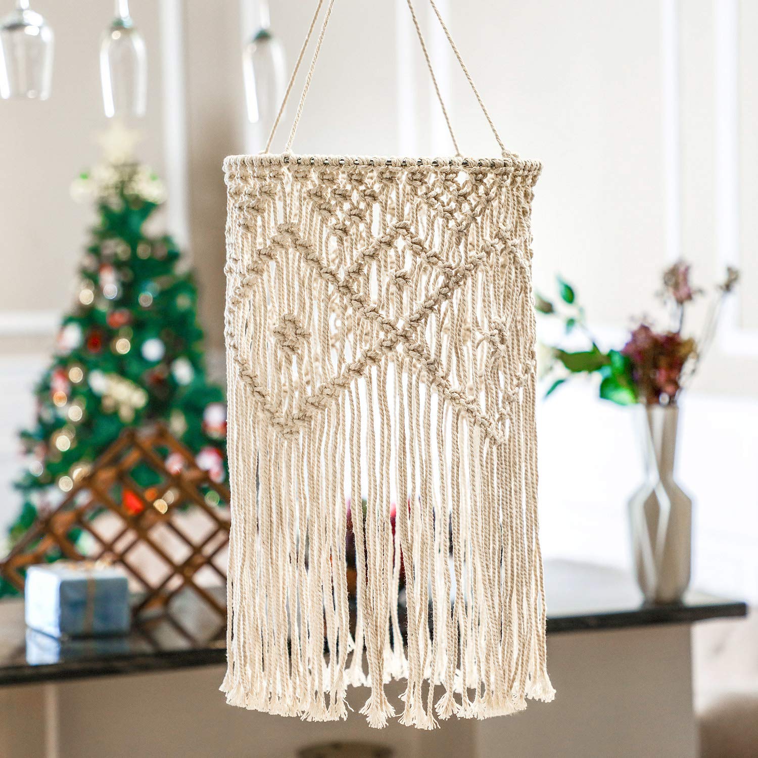 Lámpara colgante bohemia de macramé, cubierta de luz para decoración de techo para sala de estar, dormitorio y baño, color blanco cálido, bombilla no incluida 4