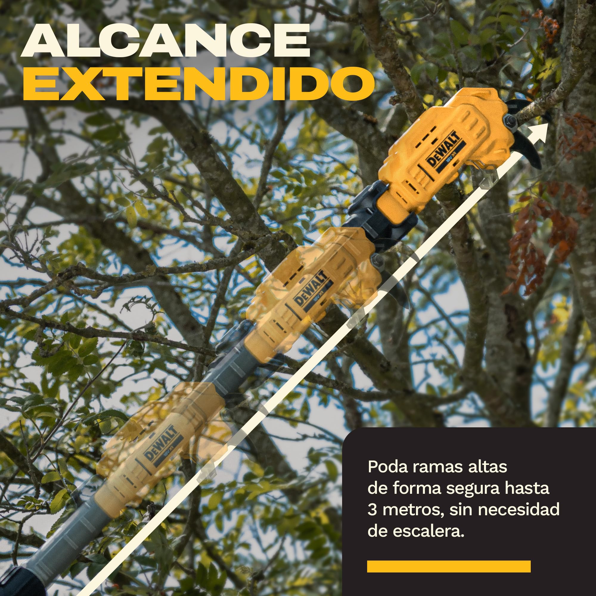 DEWALT 18V XR Podadora de Altura Profesional; Corte potente y preciso para ramas altas, Solo herramienta, DCMPP569N-XJ