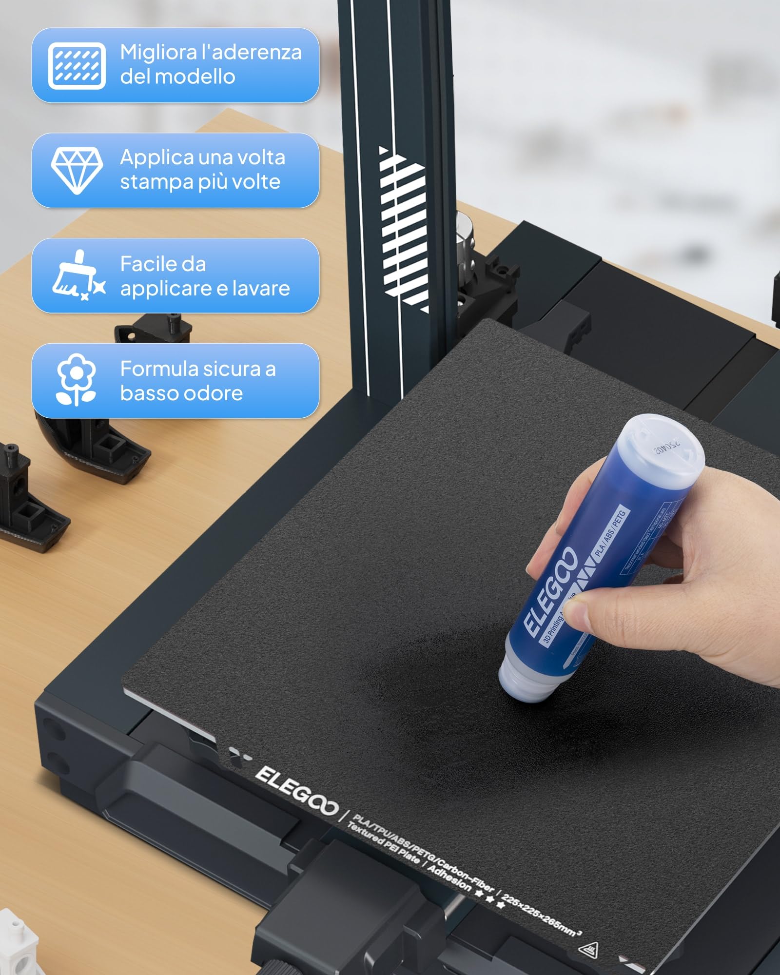 ELEGOO 2 PCS Colla Per Stampante 3D, 60 ml × 2, Colla Stick Adesivo Per 3D Filamenti ABS/PLA/PETG/TPU, Colla Adesiva Forte Per Il Letto Caldo PEI/PEO/PET E Piastre Di Costruzione In Alluminio