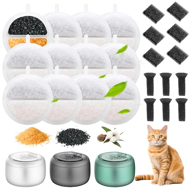 Filtros Fuente Gatos, 12 Piezas Filtro Fuente para Gatos con Carbón Activo y Resina y 6 Esponja Silenciadora…