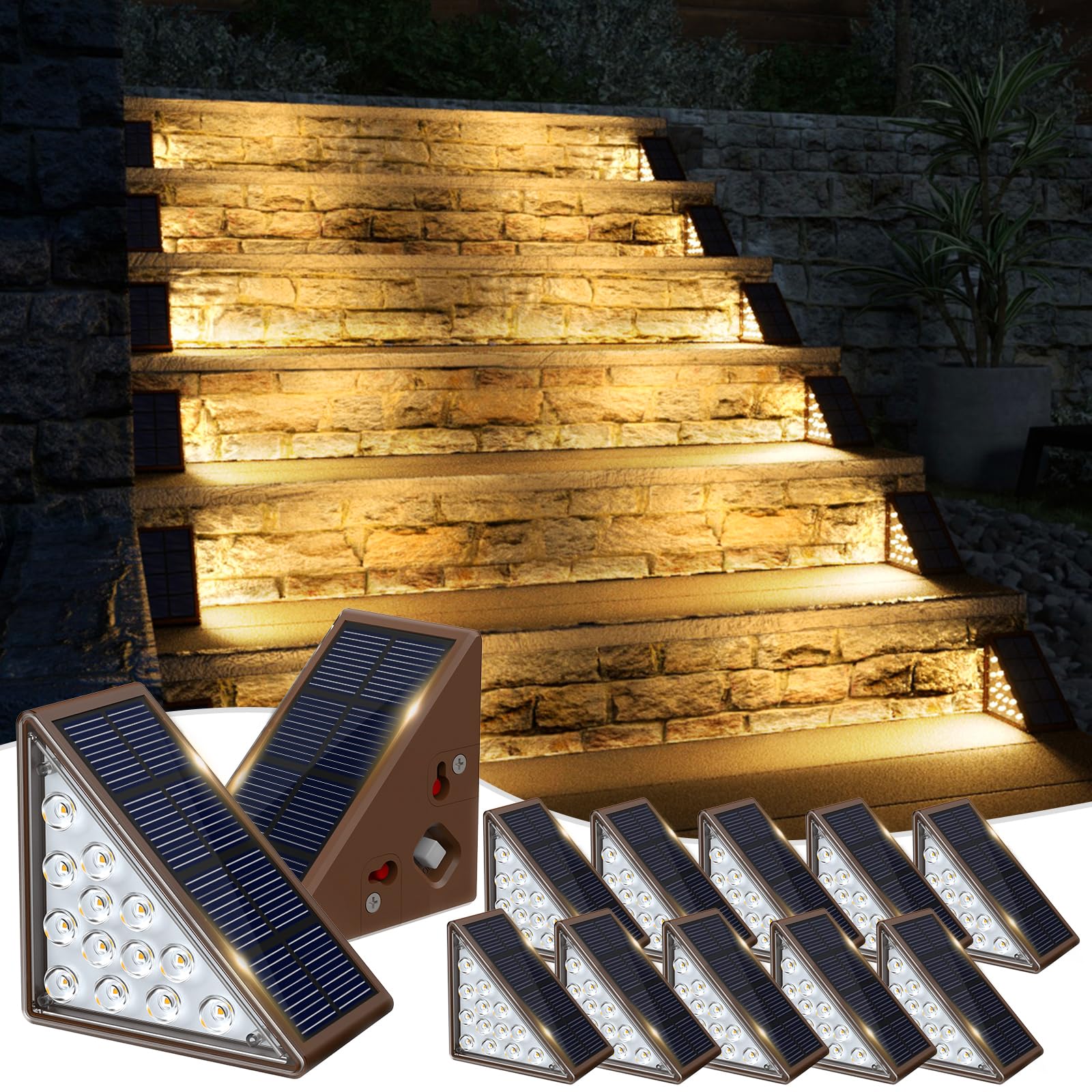 Solar Step Lights for Outside, 12pack Solar Stair Lights Outdoor Waterproof IP67, Deck Step Lights, Outdoor Light Decor for Staircase, Patio, Front Step, Pathway, Front Porch(Warm Brown)Recycled Claim Standard Blended