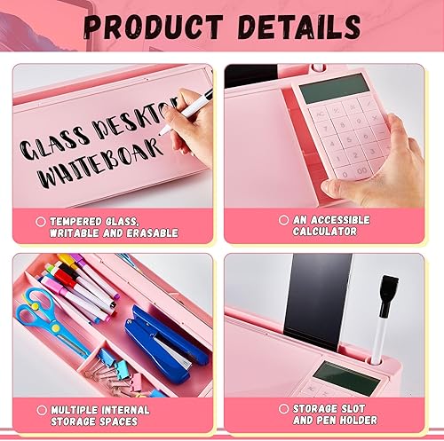 Miniatura 3 de Perkoop Tablero de vidrio de escritorio de borrado en seco, con ranura para tableta para teléfono, compartimento de almacenamiento incluye 8