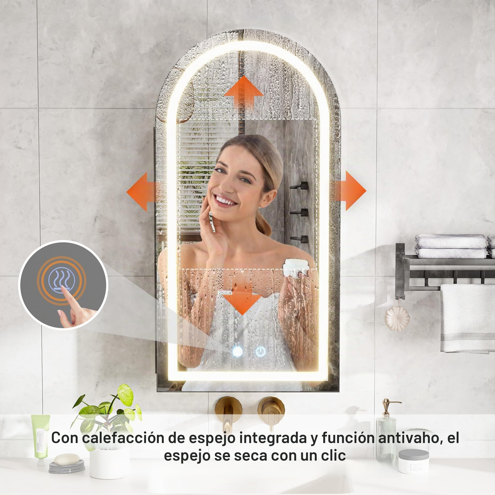 Armario Baño con Espejo LED iluminación y Función de Desempañado (No Requiere ensamblaje) Antivaho Arqueada Metal Armario de Pared Colgante con 2 Estanteria Negro 40x79x12.5 cm