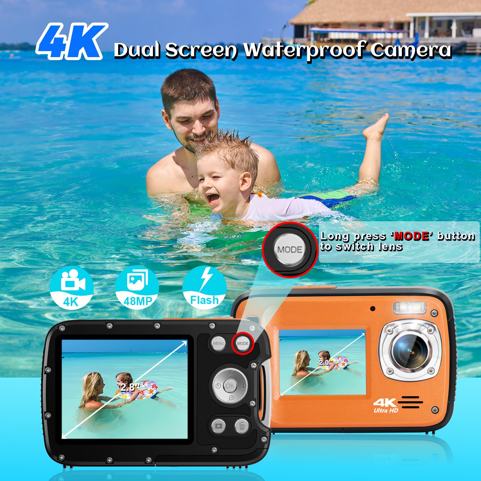 Appareil photo numérique étanche 4K 48 MP 5,2 m pour plongée avec tuba, caméra sous-marine double écran mise au point automatique avec carte de 32 Go, zoom 18x et lumière compacte