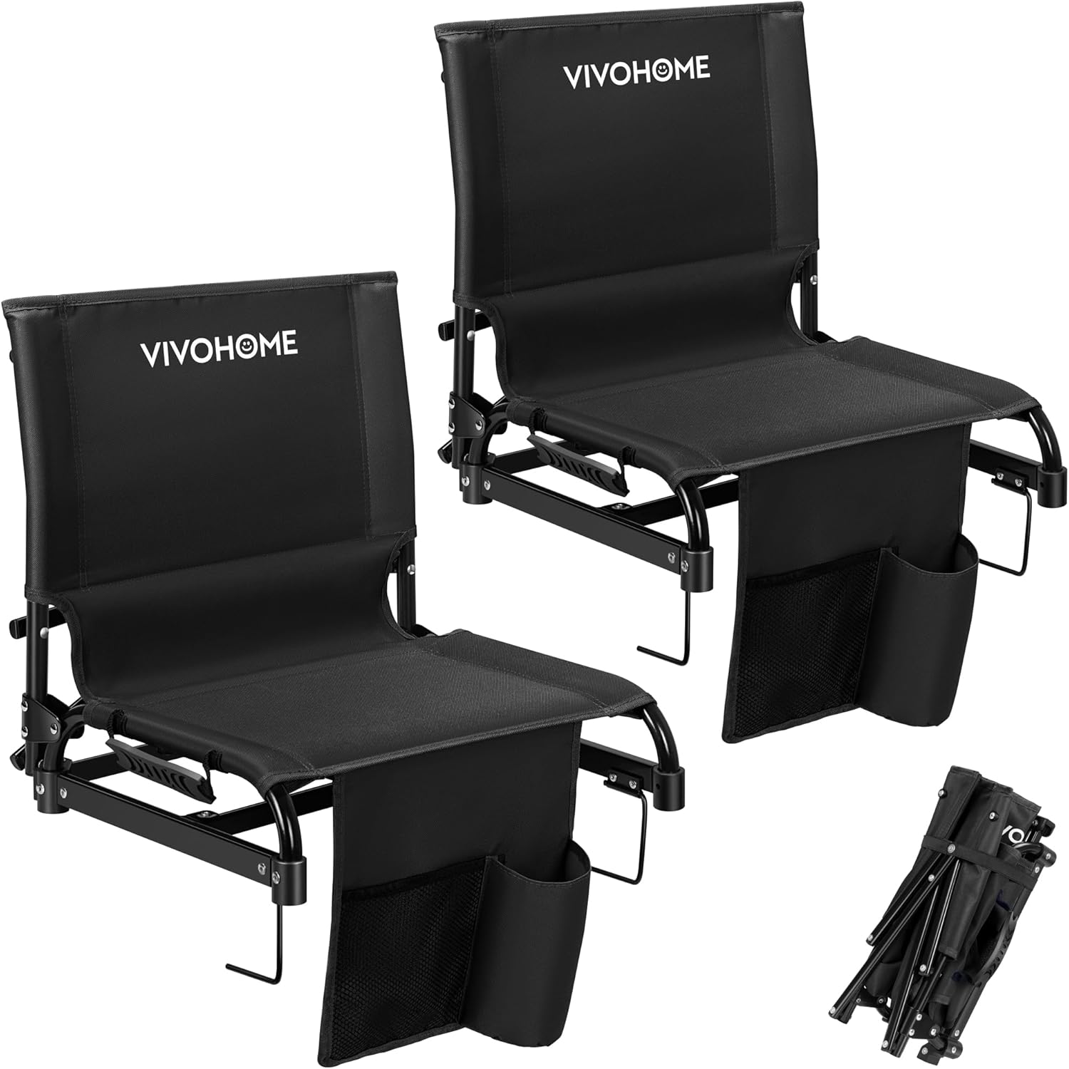 VIVOHOME Ultra-Compact Folding Stadium Seats with Back Support, 2 Pack Lightweight Portable Bleacher Chairs with Cup Holder and Carry Handle, Comfortable for Bleachers, Camping, Outdoor Events, Black