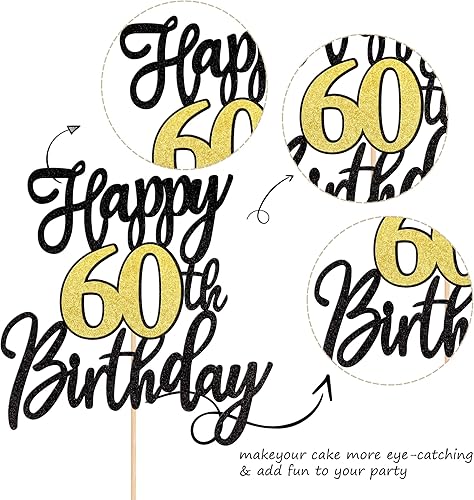 Miniatura 3 de 1 pieza Decoración para tarta de feliz 60 cumpleaños, decoración para tarta de oro negro con purpurina, felicitaciones por 60 años, decoración para