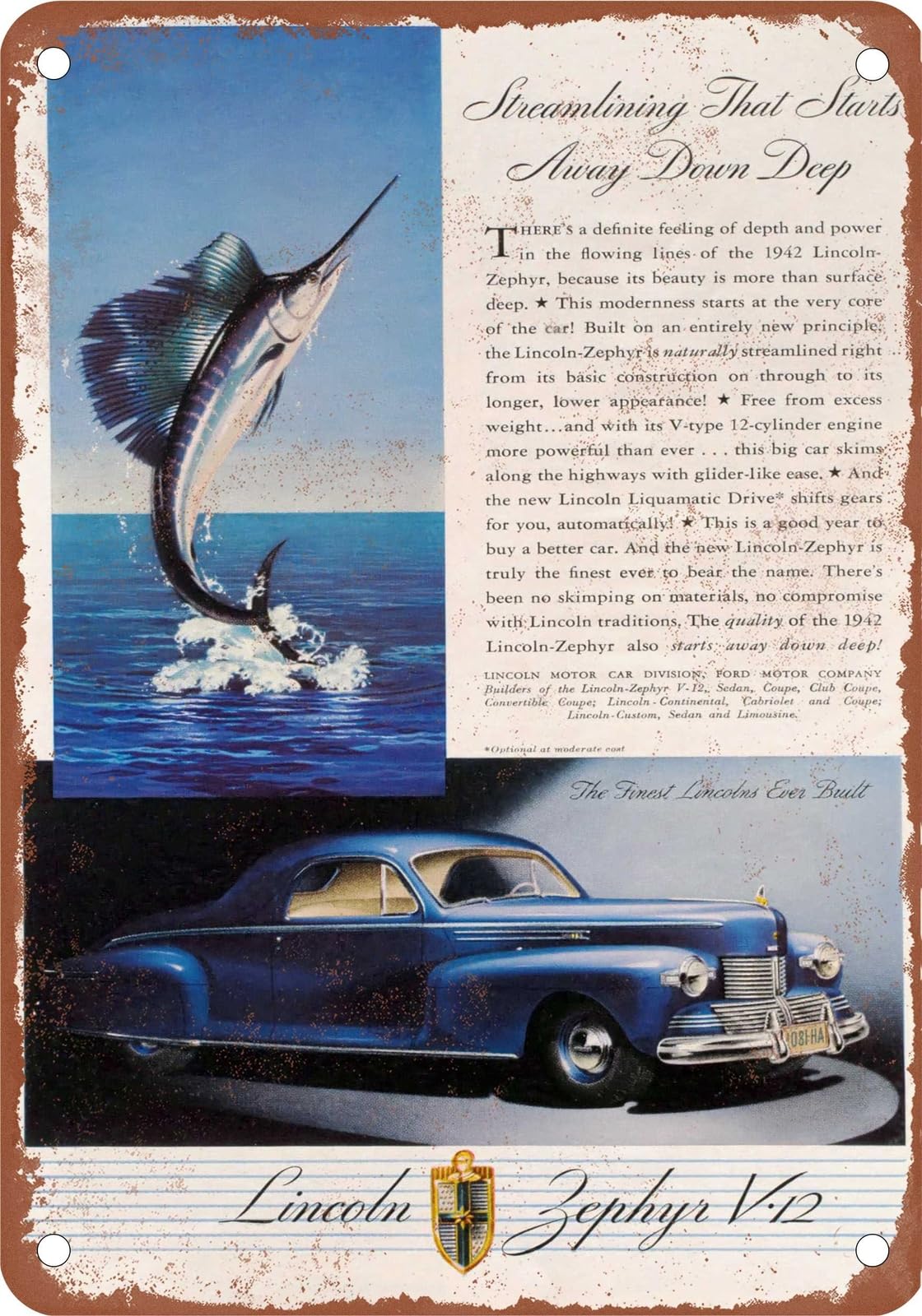 Miaomansenstore Metal Sign - 1942 Lincoln Zephyr Vintage Ad 01 - Old Retro Rusty Look Home Decor