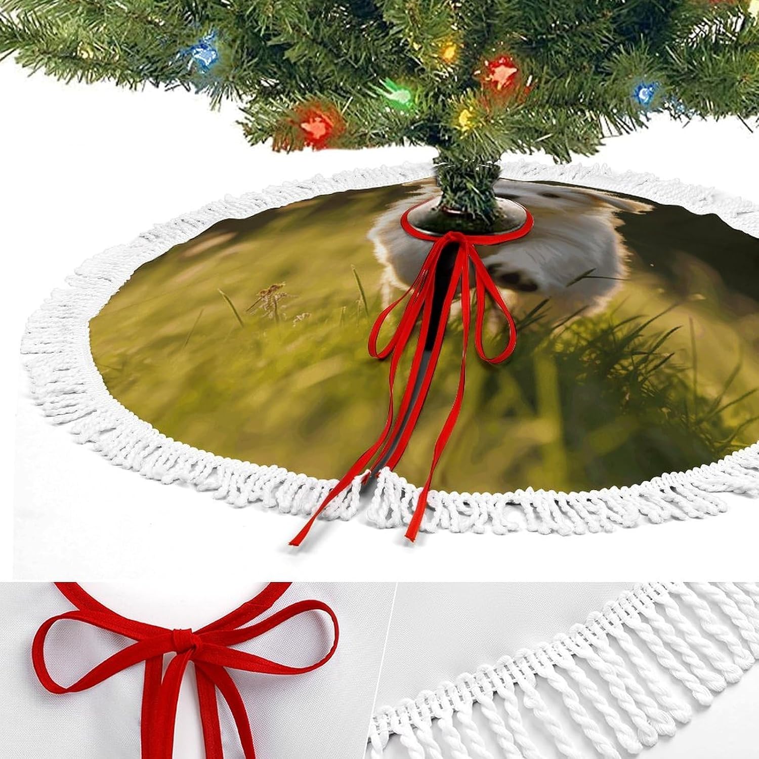 Christmas Tree Skirt Cute Xmas Trees Mat Skirts Personalization Christmas Round Tree Skirts for Holiday Party Decorative Supplies Puppy Crossing The Grass