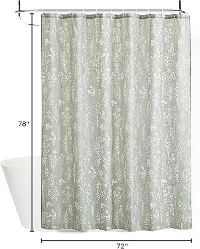 Miniatura 9 de Estmy Cortina de ducha de lino botánico verde salvia para baño, temática de primavera y verano, dibujada a mano, diseño bohemio, plantas florales,