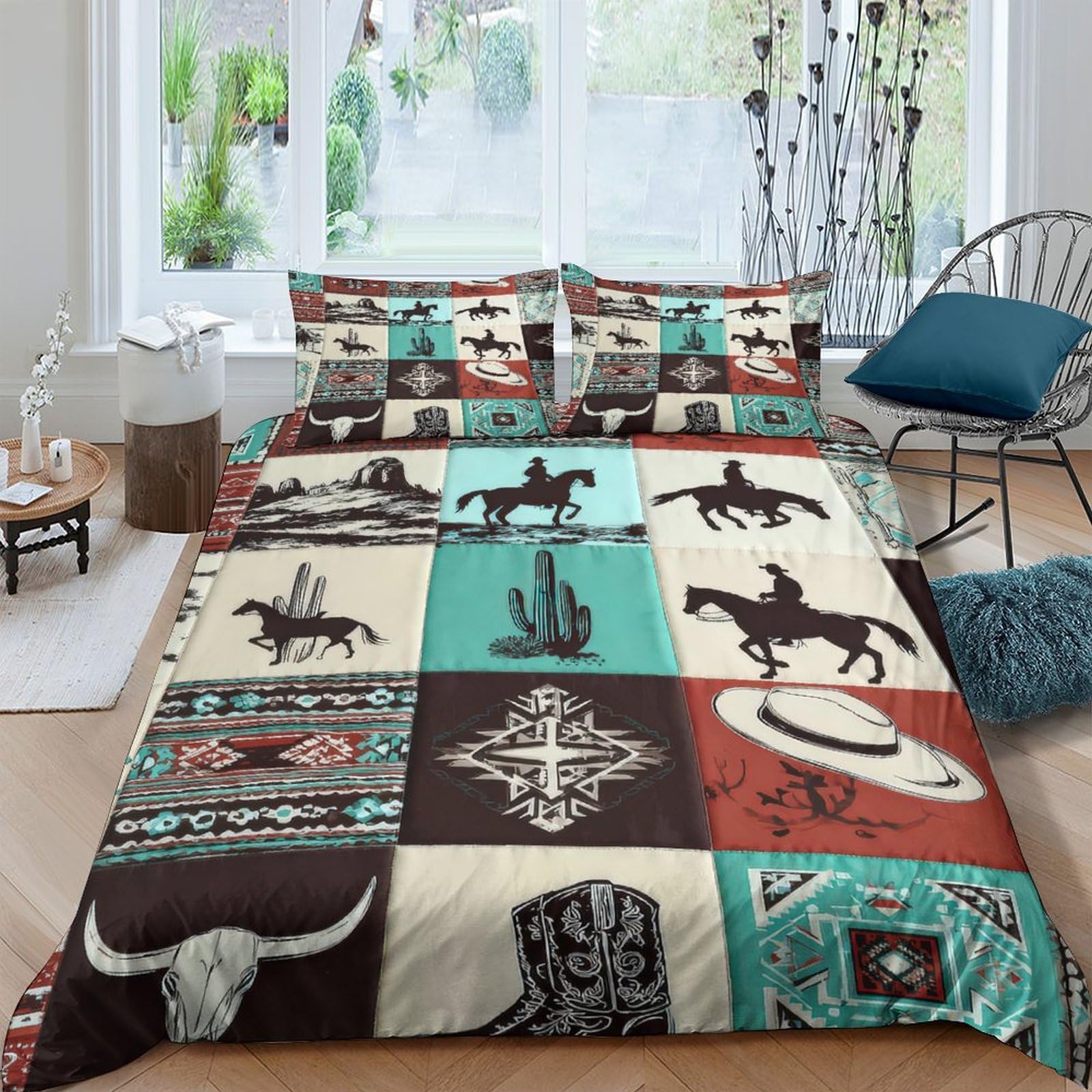 Ctjqhvkz Style-1 3D Printed Western Cowboy Fitted Sheet Microfiber Soft Turquoise Ranch Decor Horse Cactus Bed Cover For Bedroom Guest Room Single（135X200cm）