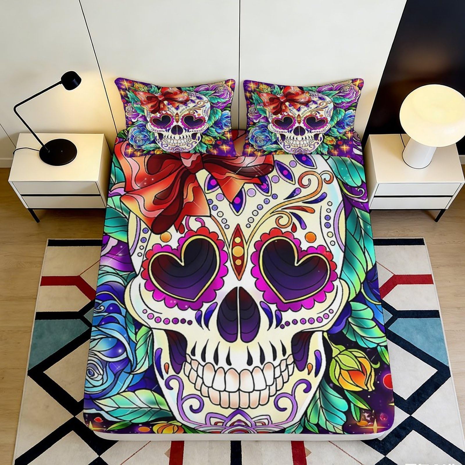 3D Printed Colorful Sugar Skull Fitted Sheet Microfiber Soft Breathable Floral Skull Bed Cover for Bedroom Dormitory Guest Room Mattress Protection 120x200x25cm