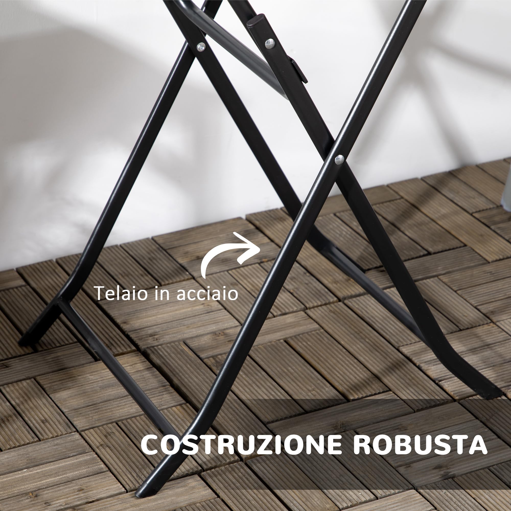 Outsunny Tavolo da Giardino Rotondo, Tavolo da Pranzo Pieghevole per Balcone e Terrazza con Piano Effetto Legno, Tavolino da Caffè in Acciaio e HDPE, Ø60x73 cm, Grigio Scuro