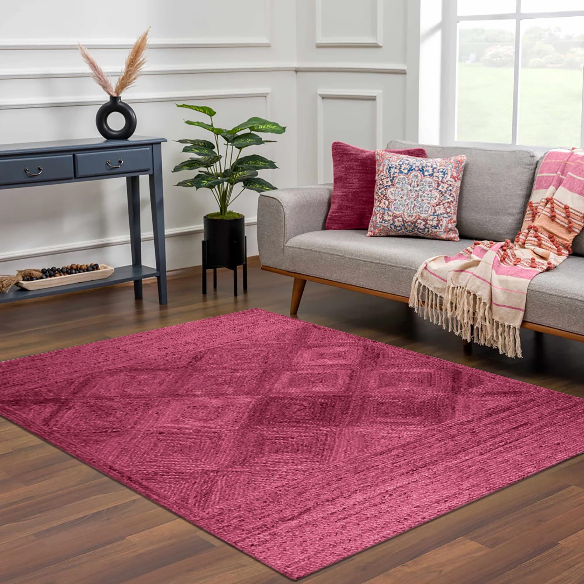 Kilim dywanik, płaski, ręcznie pleciony, jutowy, różowy, wzór, ręcznie wykonany, boho, gruby, 0,7 cm, sizalowy dywan z juty, do użytku wewnątrz i na zewnątrz, dywaniki do łóżka, kuchni, mata do jogi